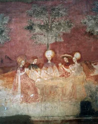 Jogando com cartas de tarô, cena do ciclo dos Jogos, ca 1445-1450, afresco, Palazzo Borromeo, Milão, Lombardia, Itália