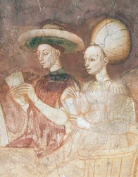 Jogando com cartas de tarô, cena do ciclo dos Jogos, ca 1445-1450, afresco, Palazzo Borromeo, Milão, Lombardia, Detalhe, Itália