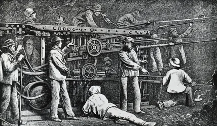 Perfuradora pneumática de rochas criada por Giovanni Battista Piatti e aperfeiçoada por Germano Sommeiller (1815-1871), gravando a Itália