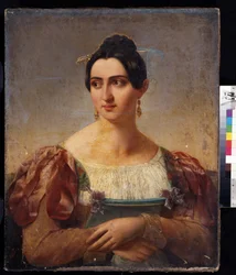 ""Retrato de uma mulher"" (Retrato feminino) Jovem da nobreza italiana, vestida com um vestido com fitas nos ombros. Pintura da escola italiana do início do século XIX. Museu Pushkin, Moscou