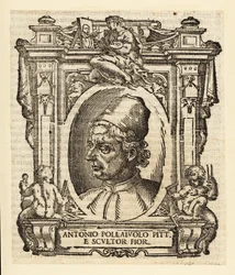 Retrato de Antonio del Pollaiuolo, pintor italiano, escultor, gravador e ourives da Renascença de Florença, cerca de 1429-1498