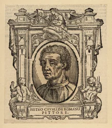Retrato de Pietro Cavallini, pintor e desenhador de mosaicos italiano do final da Idade Média