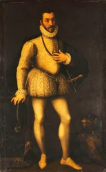 Retrato de um cavalheiro, de corpo inteiro, vestindo um gorro branco bordado, uma capa e uma espada, c.1580