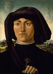 Retrato de um jovem com uma flor rosa, c.1475-85 (tempera sobre madeira)