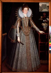 Retrato de uma senhora da nobreza florentina Derriere, uma representação do Palácio Pitti, ela está vestida com um vestido ricamente de paree e uma gola de morango numa roda de charette (Retrato de uma senhora florentina com um rufo de roda de charette e u