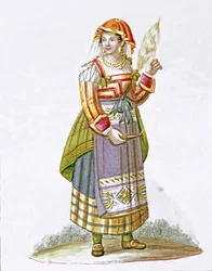 Retrato de uma jovem de Pietracanale, na região dos Abruzos, em traje tradicional, Itália. Século XIX. Museo Nazionale di San Martino, Nápoles