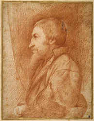 Retrato de perfil (auto-retrato?) de um homem barbudo (giz vermelho sobre papel)