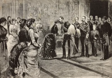 Rainha Margherita e Umberto I recebendo o príncipe herdeiro da Alemanha (futuro Frederico III) no Quirinale, Roma, Itália, gravura de desenho de Dante Paolocci, de L