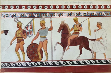 Reconstrução da pintura de túmulos de Paestum representando soldados gregos e cavalaria (ver também 186246, 119488 e 444298)