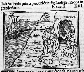 Reet de Beritola. Ilustração para a notícia 16 (Novo 6 do segundo dia) do "Decameron" de Giovanni Boccaccio dit Jean Boccaccio (1313-1375), escritor italiano. Gravura em "Decamerone ouer Cento nouelle" Veneza, Bartolomeo de 