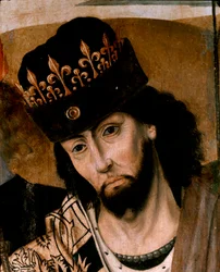 Representação de Roberto I de Anjou (1278-1343), rei da Sicília e chefe do Partido Guelfo, pormenor. Pintura da escola napolitana. Finais do século XV. Nápoles, Museo Nazionale di Capodimonte