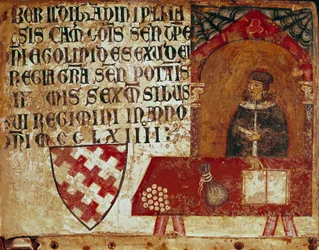 Representação de um camerlinguista sentado no seu escritório Pintura anónima sobre madeira de um Biccherna (capa do registo contabilístico da cidade de Siena) 1250. Siena Archivio di Stato, Itália