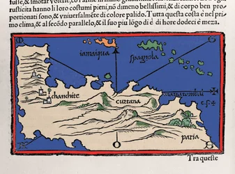 Representação das ilhas do Caribe e da costa da Venezuela. Isolario (mapa das ilhas) por Benedetto Bordone. Veneza 1547
