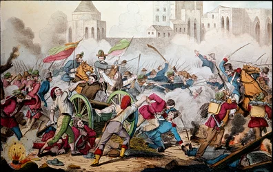 Risorgimento: Os combates de Palermo em 26 de maio de 1860. Expedição dos Mil (camisas-vermelhas). Giuseppe Garibaldi (1807-1882), entre Palermo e o povo revoltado, juntou-se a este para combater os soldados do Reino Bourbon de Nápoles. Gravura do século