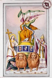 Risorgimento: cartaz de propaganda para os estados papais: "A Itália tem a fé e o Papa Pio IX" Litografia do Museo del Risorgimento do século XIX, Roma
