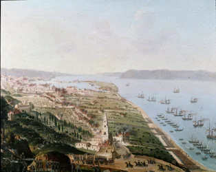 Risorgimento: os exércitos bourbonianos de Fernando II das Duas Sicílias em Messina, na Sicília, em agosto de 1848, para reconquistar a Sicília após as insurreições. Pintura anónima. Museo Nazionale di San Martino, Nápoles