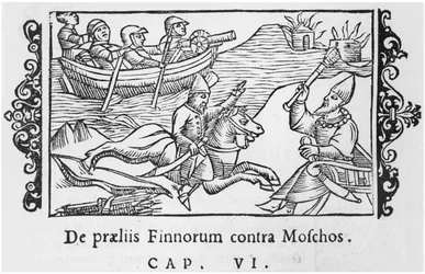 Russos e finlandeses luta, por Olaus Magnus ilustração Descrição do Norte (1490-1558), publicado em Roma, 1555