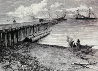 Mina de San Leon, convés de embarque de minério para Maddalena, Engraving, Sardenha, Itália