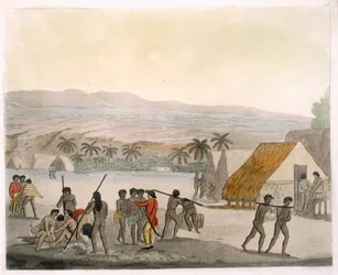 Sandwich Islands - um ocidental negociando para lojas, placa 92 de Le Costume Ancien et Moderne, por Jules Ferrario, publicado c.1820s-30s