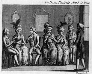 Cena 13 do Acto I da peça cómica "La dama prudente" (1751) de Carlo Goldoni (1707-1793). Gravura do século XVIII