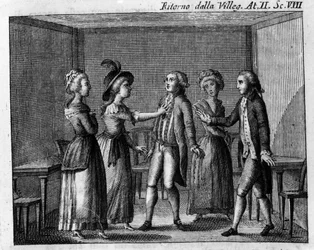 Cena 8 do Acto II da peça cómica "Ritorno della villeggiatura" (Regresso da Cidade) (1761) de Carlo Goldoni (1707-1793). Gravura do século XVIII