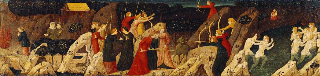 Cena de uma batalha com arcos e flechas e a perseguição (óleo no painel)