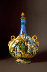 Cenas das Metamorfoses de Ovídio. Garrafa de cerâmica produzida em Urbino na oficina Fontana, Itália. Século XVI, Florença, Museo Nazionale del Bargello
