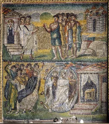 Cenas de A Vida de Moisés: o regresso dos doze espias enviados por Moisés à terra prometida, Tentativa de apedrejamento de Moisés (mosaico)