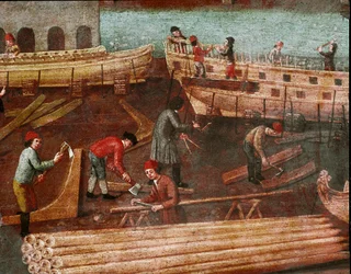 Estaleiro no arsenal de Veneza Detalhe - Pintura da Escola Veneziana - século XVIII - Veneza, museu Correr