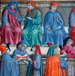 Mercadores sienenses. Detalhe de uma miniatura retirada do Statuto della Mercanzia", manuscrito da legislação comercial de Siena. 1342. Arquivo do Estado de Siena.