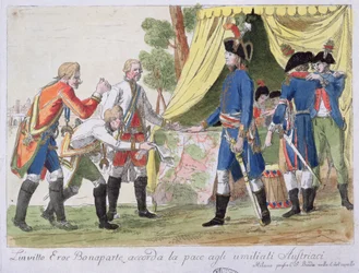 Assinatura do Tratado de Campo Formio entre a França (representada por Bonaparte) e a Áustria (representada por Cobenzl) em 1797