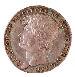 Moeda de prata (piastra) de Nápoles: Joachim Murat (1767-1815), rei de Nápoles. 1810 Diam. 3,7 cm Nápoles, museo archeologico