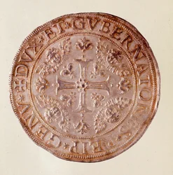 Moeda de prata da República de Génova (Genes) com a cruz. 1670. Diam. 5,8 cm Nápoles, museo archeologico