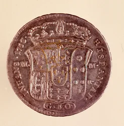 Piastra de prata de Nápoles: reinado de Carlo III de Espanha (Carlos III) (1716-1788). 1750. Diam. 4 cm Nápoles, museo archeologico