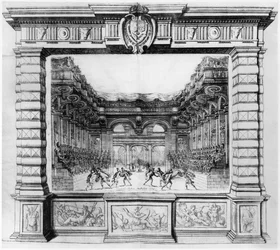 Design de palco de Giacomo Torelli (1608-78) para a Finta Pazza realizada em 1645 no Teatro Petit Bourbon em Paris, 1654