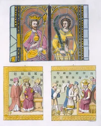 Decoração de vitrais da igreja velha de Uppsala, placa 42 de Le Costume Ancien et Moderne por Jules Ferrario, publicado c.1820s-30s