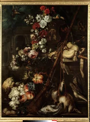 Natureza morta de flores, caça e espingarda Pintura da Escola Italiana do Século XVII - Sol 1,18x0,91 m Bayonne, Musee Bonnat