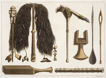 Ferramentas do Taiti e instrumentos cerimoniais, ilustração de uma coleção de livros de viagem do início do século XIX