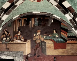 Loja à medida. Um homem está a coser, outro está a cortar o tecido e um terceiro está a vender o tecido a um cliente. Castelo de Fresco Issogne (século XV).