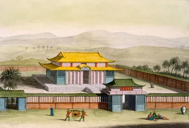 Templo Daibods em um complexo no campo, de Costume dei ... por Giulio Ferrario, c.1820s-30s (litho colorido à mão)