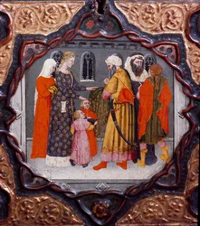 Décima jornada, nona novela: a jornada de Messer Torello e Saladino (1138-1193) (Salah al-Din Yusuf al-Ayyubi). Arca pintada que ilustra o «Decamerão» de Giovanni Boccaccio (Jean Boccaccio) (1313-1375). Século XV. Florença, Museo Nazionale del Bargello