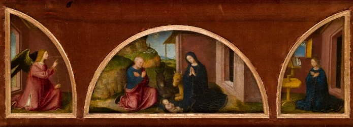 A Anunciação (semi-lunetas esquerda e direita) e a Natividade (luneta central) em um quadro, c.1480 (óleo no painel)