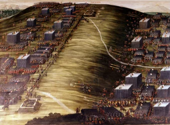 A Batalha da Montanha Branca (Guerra dos Trinta Anos) em 8 de Novembro de 1620 entre os Tchecos e os Habsburgos Imperiais. Tinta a óleo. Roma, Sacristia da Igreja do Santo Prefeito da Vitória.