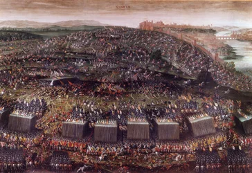 A Batalha da Montanha Branca durante a Guerra dos Trinta Anos (Alemanha 1620), que opôs a Boémia liderada por Frederico V à Liga Santa. Pintura a óleo. Roma, igreja de Santa Maria della Vittoria.