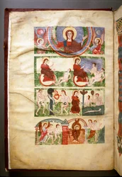 A Criação de Adão e Eva, o pecado original e a sua expulsão do Paraíso. Frontispício do manuscrito do século XI ou XII. (Ms.1273) Roma, Biblioteca Angélica