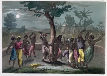 A Dança do Mombo-Jombo, segundo as viagens de Mungo Park, de A History of Costume de J. Ferrario, publicada em Milão, c.1820