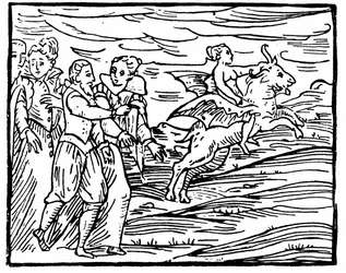 O Diabo, sob a forma de um bode voador, levando uma bruxa para o sabá, ilustração do Compendium Maleficarum de Francesco Maria Guazzo, 1608