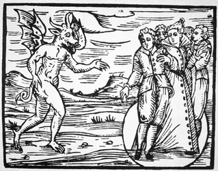 A evocação do diabo, cópia de uma ilustração do Compendium Maleticarum pelo padre M Guaccius, Milão 1608, usado em uma história da magia, publicado no final do século XIX