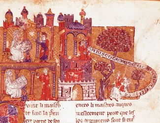 O filósofo grego Aristóteles (383-322 a.C.) ensina aos seus alunos moralidade e desprezo pelas mulheres (mysoginia) Miniatura de um manuscrito italiano do século XIV. Bibliotheque Inguimbertine Municipal de Carpentras.