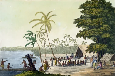 O porto de Anamooka, prato 82 de Le Costume Ancien et Moderne, de Jules Ferrario, publicado em 1820s-30s